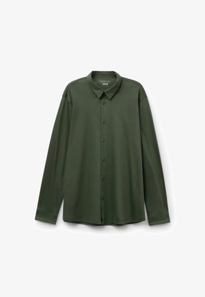 Donkergroene blouse met lange mouwen, knopen, puntkraag, zichtbare knopen aan de voorkant en een rechte zoom.
