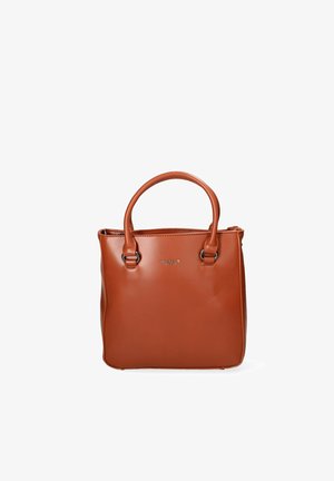 Brown leather tote handbag with double rounded handles and minimal metal logo on the front, shown against white background.