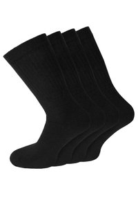 Set aus vier schwarzen Kniestrümpfen aus einem weichen, strukturierten Stoff mit gerippten Bündchen und verstärkten Fersen. Geeignet für den täglichen Gebrauch.