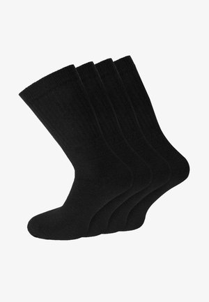 Set of four black crew socks made from a soft, textured fabric with ribbed cuffs and reinforced heels. Suitable for everyday wear.