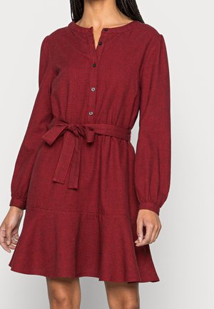 Vrouw draagt een rood, langärmelig, getailleerd jurkje met klein ruitpatroon en een knoopsluiting bij de hals, staand tegen een effen achtergrond.