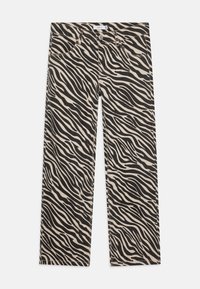 Zebra-print broek met een beige en zwarte kleurenschema, gemaakt van katoen, met vijf zakken en een recht model.
