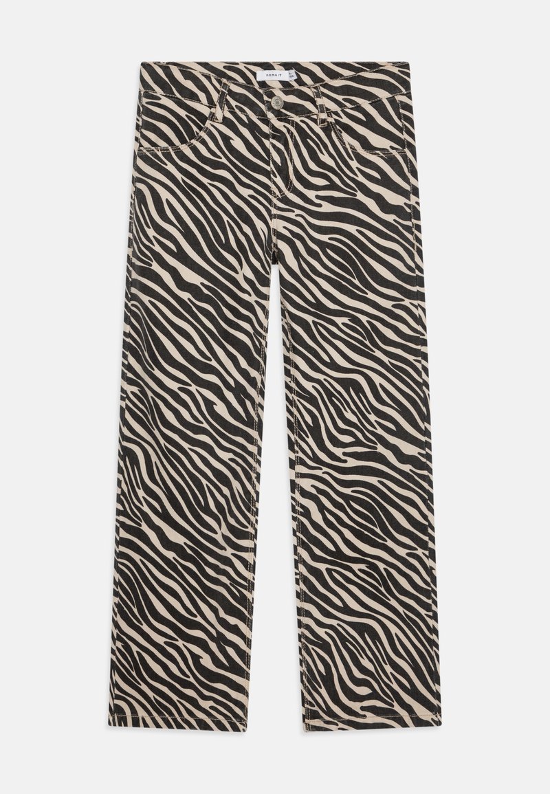 Hlače z zebra vzorcem v bež in črni barvi, narejene iz bombaža, z petimi žepi in ravnimi hlačnicami.