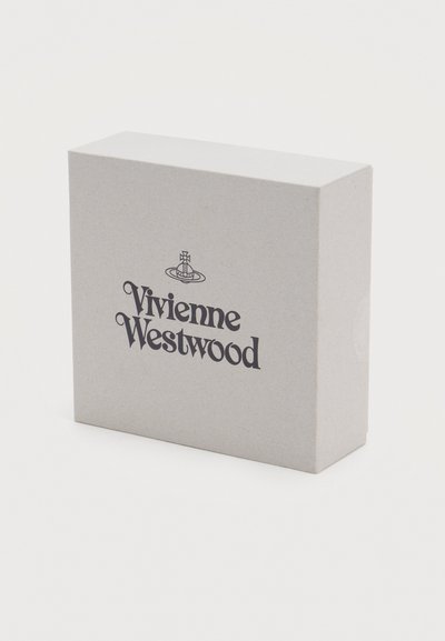 Rectangular beige box with Vivienne Westwood logo and orb symbol printed in black on the front, set against a white background.