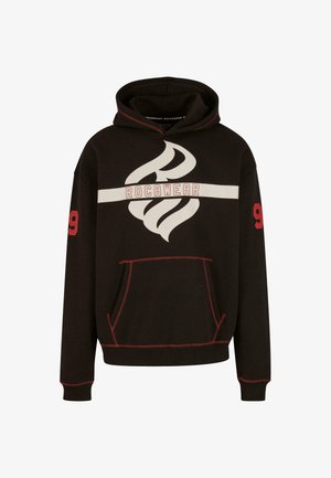 Černá mikina s kapucí a červenými akcenty. Obsahuje velké bílé logo Rocawear a červené číslo 9 na rukávu. Vyrobena z měkkého materiálu s přední kapsou.