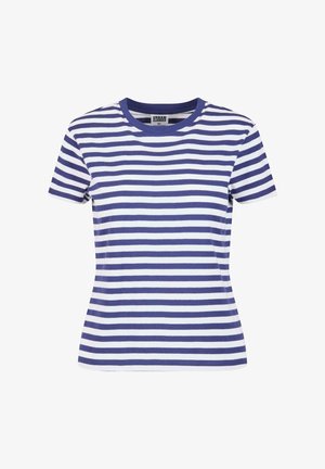 Kék és fehér csíkos, rövid ujjú póló kerek nyakkivágással és testhezálló szabással, puha pamut anyagból készült.