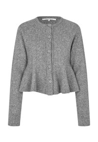 Cardigan gris en maille avec un col rond, une fermeture à boutons, un bas à volant et des manches longues à poignets côtelés. Texture douce.