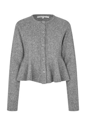 Gray knitted cardigan featuring a round neckline, button closure, peplum hem, and long sleeves with ribbed cuffs. Soft texture.