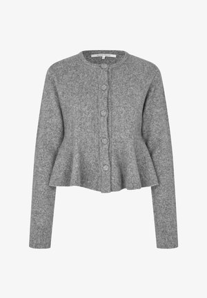 Gray knitted cardigan featuring a round neckline, button closure, peplum hem, and long sleeves with ribbed cuffs. Soft texture.