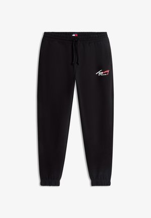 Mustad jooksupüksid elastse vöökohaga, paelaga, kummitatud säärtega ja "Tommy Jeans" logo valge ja punasena vasakul reiel.
