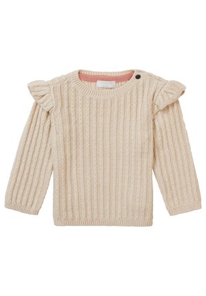 Kremowy, dziergany sweter dla małych dzieci z marszczonymi detalami na ramionach i małym guzikiem przy okrągłym dekolcie.
