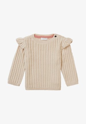Pull en tricot couleur crème pour tout-petit avec des détails froncés aux épaules et un petit bouton près de l'encolure ronde.