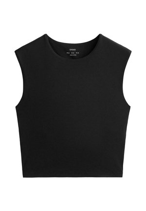 Črn skrajšan top brez rokavov z okroglim izrezom, širokimi naramnicami in gladko teksturo. Ima čisto, minimalistično zasnovo brez okrasnih elementov.