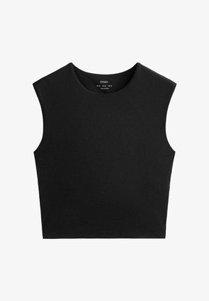 Top court noir sans manches avec un col rond, des bretelles larges et une texture lisse. Présente un design épuré et minimal sans embellissements.