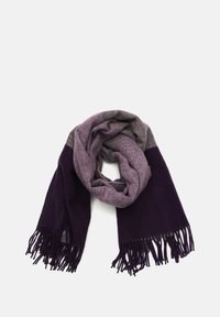Écharpe violette avec une texture douce, présentant un design dégradé passant d'un violet foncé à un violet clair, avec des bords à franges.