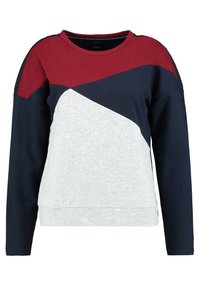 Sudadera con un diseño geométrico de bloques de color en azul marino, burdeos y gris. Fabricada con una tela suave, tiene mangas largas y cuello redondo.