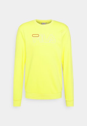 FILA-sweatshirt in felgeel, met geribbelde boorden en zoom, en een wit-rood logo op de voorkant. Lange mouwen.