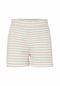 Prugaste kratke hlače u svijetloj bež i bijeloj boji, izrađene od meke, rastezljive tkanine, s elastičnom strukom i opuštenim krojem.