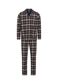 Marineblåternet pyjamas sæt med en skjorte med knapper og matchende bukser. Lavet af blødt stof med kremfarvede og brune accenter i et rutet mønster.
