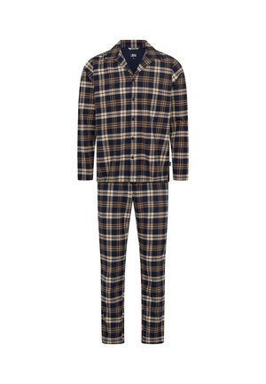 Marineblåternet pyjamas sæt med en skjorte med knapper og matchende bukser. Lavet af blødt stof med kremfarvede og brune accenter i et rutet mønster.