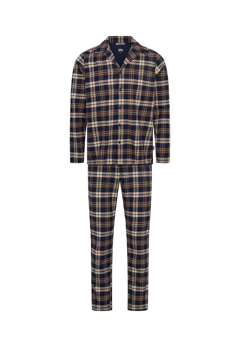 Marineblåternet pyjamas sæt med en skjorte med knapper og matchende bukser. Lavet af blødt stof med kremfarvede og brune accenter i et rutet mønster.