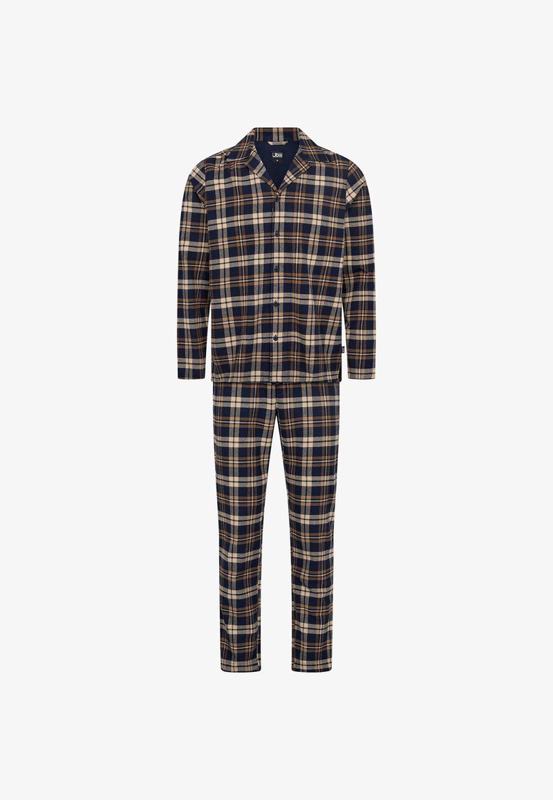 Navy plaid pajama set with a button-up shirt and matching pants. Made from soft fabric with cream and brown accents in a checkered pattern.