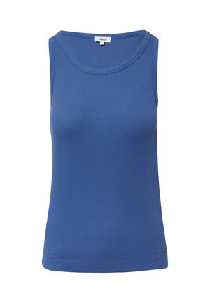 Blauwe mouwloze top van ribstof. Heeft een ronde halslijn, een aansluitende pasvorm en een gladde textuur. Eenvoudig zonder patronen of accenten.