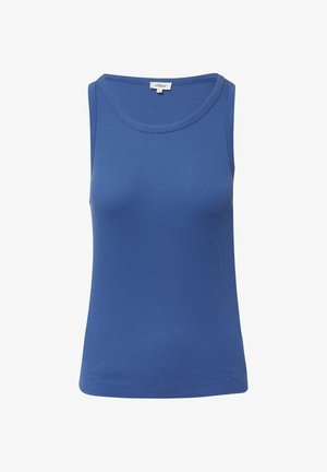 Blauwe mouwloze top van ribstof. Heeft een ronde halslijn, een aansluitende pasvorm en een gladde textuur. Eenvoudig zonder patronen of accenten.