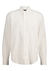 Camicia bianca da uomo a maniche lunghe con colletto e polsini, tessuto leggermente stropicciato, vista frontale su sfondo semplice.