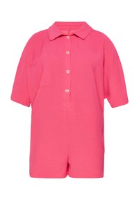 Rosa kort�ärmad rompers med krage, med en knappslå och en bröstficka. Tillverkad av texturerat tyg. Kort längd design.
