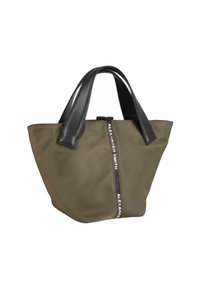 Borsa tote verde oliva con manici in pelle nera e una cinghia verticale nera etichettata "ALEXANDER SMITH" al centro.