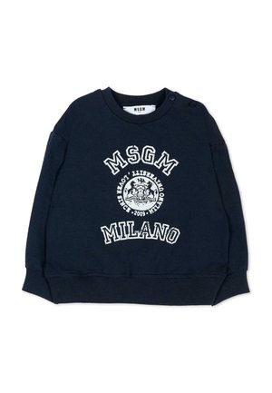 Granatowa bluza z okrągłym dekoltem, białym logo MSGM Milano i grafiką z herbem z przodu, prążkowane mankiety i guziki na ramionach.