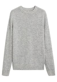 Pull en tricot gris avec des manches longues, un décolleté rond, des poignets et un ourlet côtelés, présentant un motif texturé subtil sur l'ensemble.
