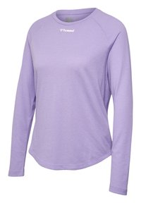 Lichtpaarse sportshirt met lange mouwen, ronde hals en wit "hummel"-logo op de bovenborst gedrukt.
