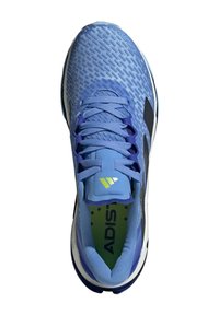 Blue athletic shoe featuring a textured mesh upper, flat laces, padded tongue, and a green insole with "ADIST" branding. Black accents present.