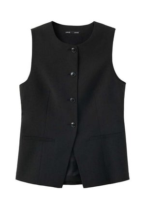Gilet noir sans manches avec encolure ronde, quatre boutons devant et deux poches fendues horizontales.