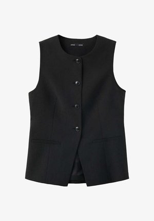 Gilet noir sans manches avec encolure ronde, quatre boutons devant et deux poches fendues horizontales.