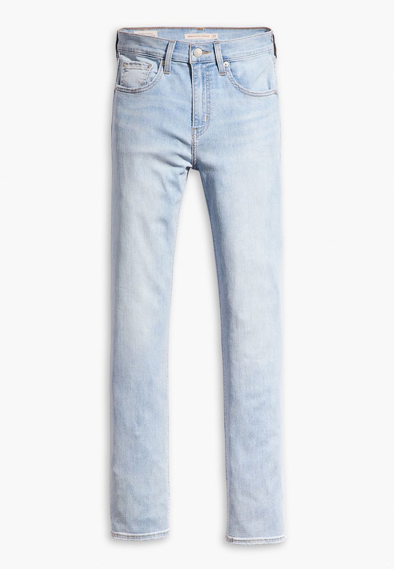 Hellblaue Jeans im Slim-Fit-Stil mit fünf Taschen und klassischem Knopfverschluss. Der Stoff hat eine weiche Textur und leichte Verwaschungen.
