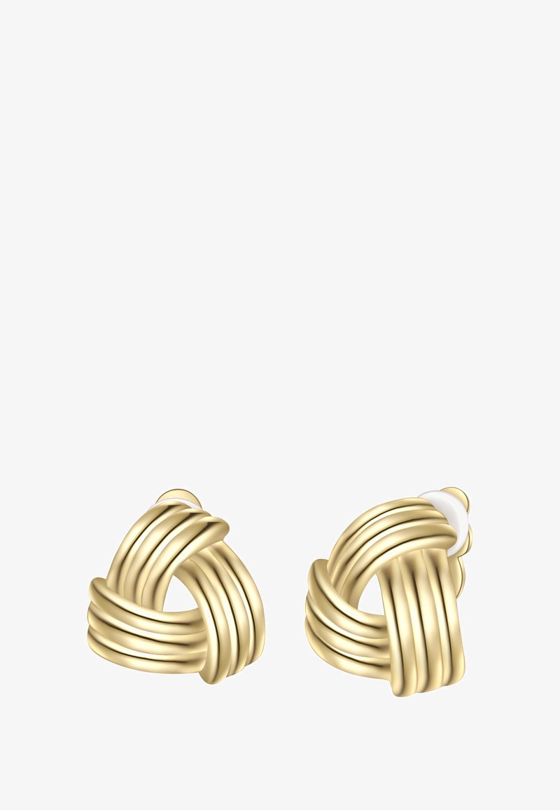 Uhani iz zlatotone kovine, ki imajo medsebojno prepletene zanke, gladko teksturo in trikotno obliko. Eden od uhanov vključuje majhen bel poudarek.