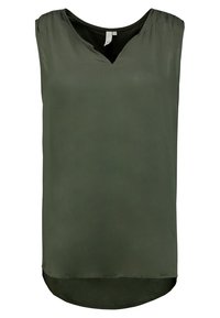 Olive green sleeveless blouse with a V-neckline, smooth texture, and a rounded hem. Features gathered detail at the shoulders.