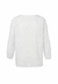 Weißes Langarmshirt mit strukturierten Herzmustern, lockere Passform und rundem Ausschnitt. Weicher, leichter Stoff.