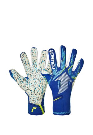 Blue and white goalkeeper gloves with "reusch" branding, textured palm, and graphic arrow design on the backhand.