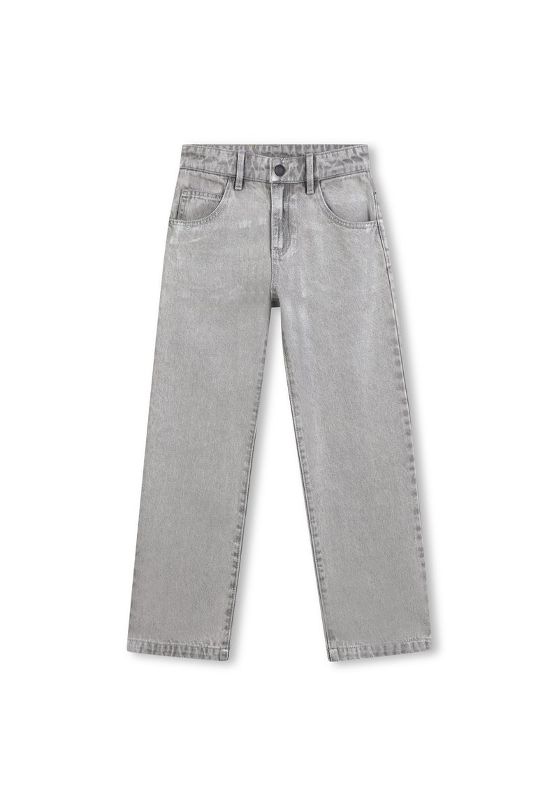 Jeans in denim leggero grigio chiaro a gamba dritta con tasche frontali e chiusura con bottone su uno sfondo bianco.