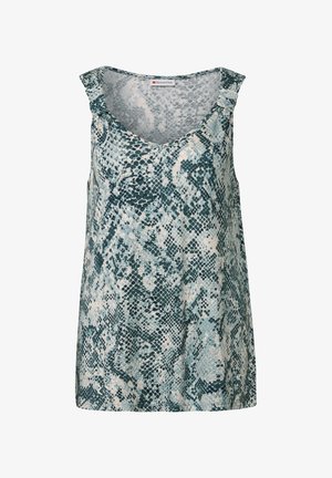 Mouwloos topje met een groen-wit slangenprintpatroon, een ronde halslijn en subtiele ruches bij de schouders.