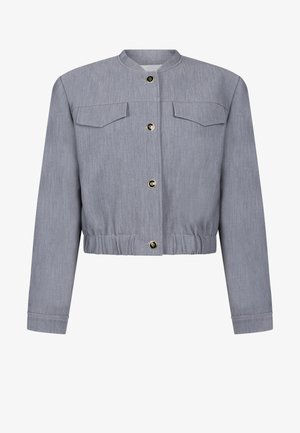 Gray cropped jacket with a textured fabric, round neckline, front buttons, two chest pockets, and a gathered hem.