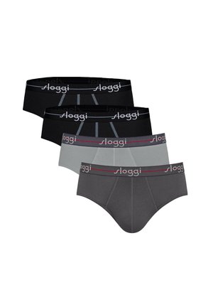 Vier Herren-Slips in Schwarz, Dunkelgrau und Hellgrau, jeweils mit einem elastischen Bund mit dem Aufdruck „sloggi.“