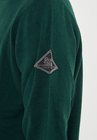 Maglione verde con tessuto a trama, caratterizzato da un patch ricamato a forma di triangolo sulla spalla sinistra, che mostra il nome del marchio in filo argentato.