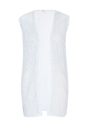 Cardigan smanicato di colore blu chiaro in maglia con apertura frontale e motivo testurizzato. Tessuto morbido e leggero con una vestibilità comoda.