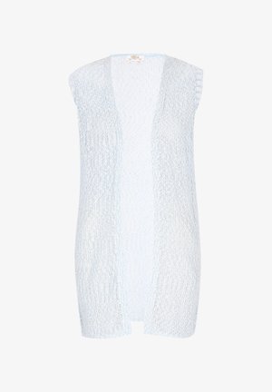 Svijetloplava pletena prsluk bez rukava s otvorenim prednjim dijelom i teksturiranim uzorkom. Mekana, lagana tkanina s opuštenim krojem.