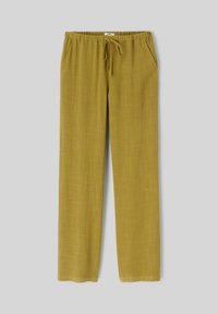 Pantalons légers, vert olive, avec une taille élastique, un détail de cordon de serrage et des poches latérales. Texture douce et design à jambes larges.